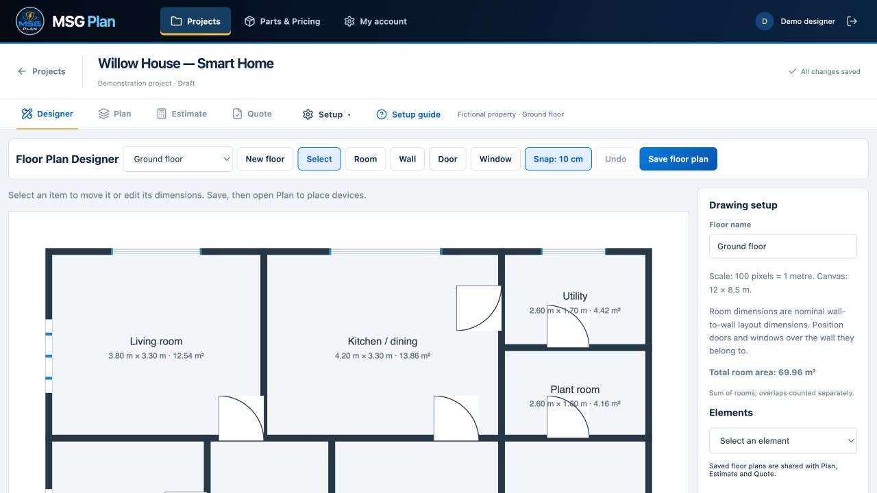 MSG Plan floor plan designer showing a fictional layout with rooms, doors and windows