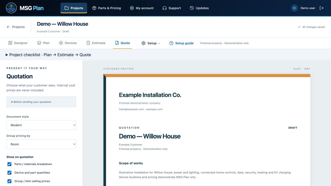 Branded draft quotation preview using fictional company and customer information