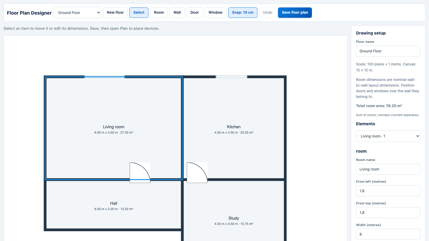 MSG Plan Designer with a fictional eight-room layout and editable dimensions
